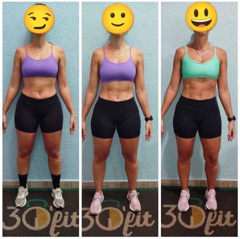 Evolução de aluna da 30'fit em três etapas, com ganho de massa magra