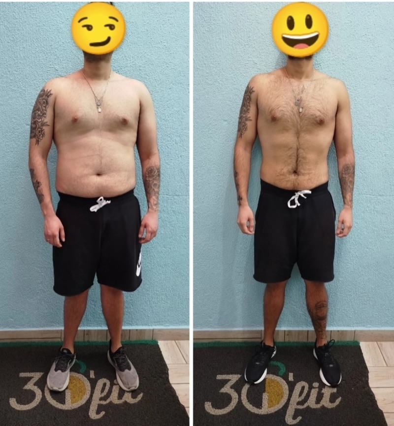 Antes e depois de aluno da 30'fit com redução de medidas