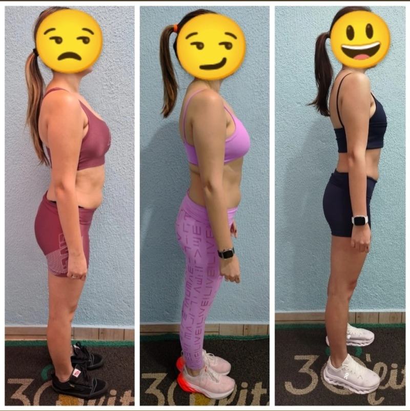 Evolução de aluna da 30'fit em três etapas, de perfil